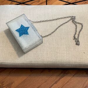 Small silver glitter clutch with silver chain